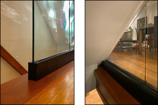 A factory-finished end panel covers the open U-channel (left). Typically, the small triangle space under the first few risers of the upper stair are closed off with a small wall and trim. Here, the triangle space was glazed to maximize lighting and the sense of openness (right).
