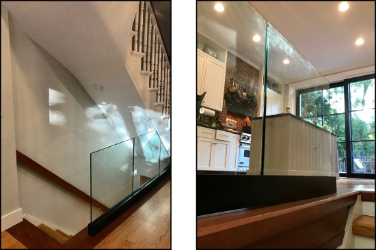 A contoured lath-and-plaster finish was installed to match the home’s existing curved under-stair treatment (left). The finished guard helped open up the room (right).
