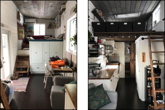 Here are two inside views: looking toward a raised dining room in the front of the home (left), and in the kitchen looking toward the bathroom beyond (right). Sleep quarters were in a loft above the kitchen.