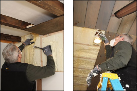 Co-author Jim Bradley makes test holes at walls and ceilings (left, right). Test holes up high proved dry; moisture hadn’t penetrated the open-cell spray foam and condensed on the OSB sheathing as feared.