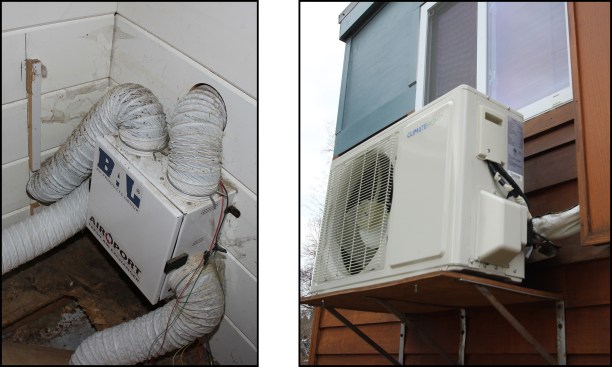 A questionable HRV unit with flexible dryer hose “ducting” (left) and an inadequate heat pump were installed—neither was rated for the climate in which the tiny house was to be placed.