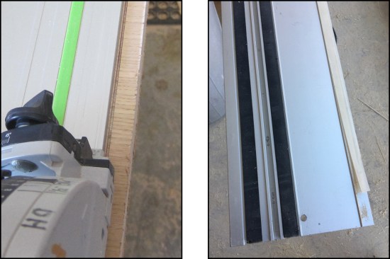 Depth of cut is quickly registered and adjusted on a track saw. To avoid splintered veneer, first make a shallow pass (left), then recut at full depth. Black friction strips provide admirable grip on the cutting surface (right), but the splinter guard edge (white, at right in photo) is less reliable, drifting and delaminating in use.