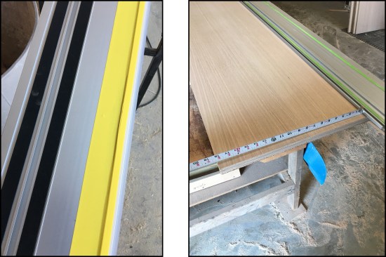 The author bolsters the splinter guard with vinyl flashing tape (yellow) to help prevent dislocation and extend its useful life (left). For parallel cutting, measuring to the back edge of the rail eliminates the uncertainty related to a ragged, time-worn splinter guard (right).