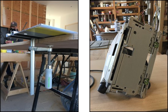 Friction strips are impressively grippy, but track clamps offer locked-in peace of mind for holding the line (left). Safety is greatly enhanced by the fully housed saw blade (right), exposed only during plunge-cutting, the operative mode of these saws.