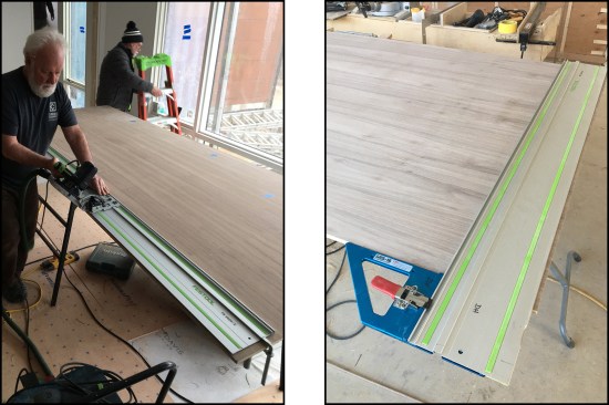 Bevel cuts, between 0 and 45 degrees, track precisely along the rail edge without any adjustment to position. Here, the author miter-cuts 10-foot black-walnut plywood, using a 118-inch stock rail (left). A TSO guide rail square (right) converts a rail into a convenient, 90-degree crosscutter, though it's less reliable on wider panels, for which a precise square is advised to ensure accuracy.