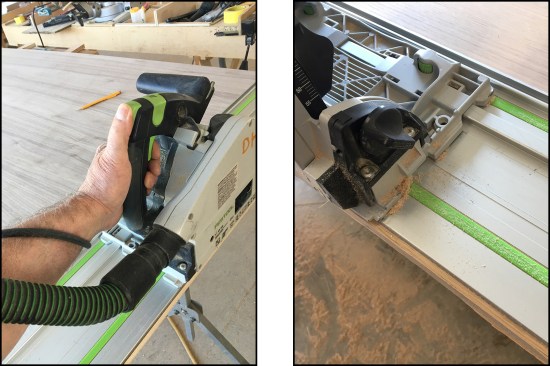 A combination of cord and hose typically snags and drags at the back of the track; the author has adopted an over-the-arm drape to help alleviate this annoyance (left). On the occasional cut made without a vacuum hookup, sawdust quickly gums up the rail; constant clearing is needed (right).