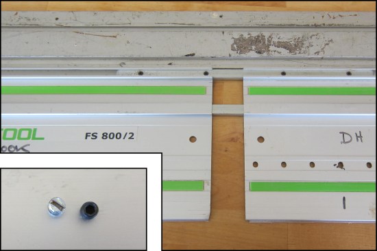 Rail connectors permit rails to be combined to virtually unlimited length but don't guarantee perfect alignment. Keep a slight gap between segments and confirm true alignment with a separate, reliable straightedge. Slots in the proprietary set-screws become distorted with repeat use; the author replaces them with 5x5-mm hex-socket screws (inset photo).