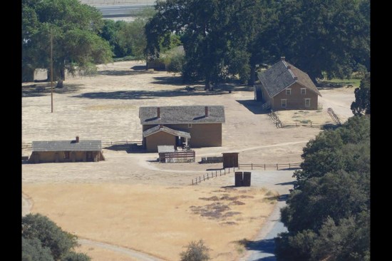 Ariel view of Fort Tejon viewed from the south. At an elevation of over 3,500 feet, Fort Tejon State Historic Park is situated in the rugged Tehachapi Mountains near Tejon Pass on Interstate 5 (I-5 is seen in the background).