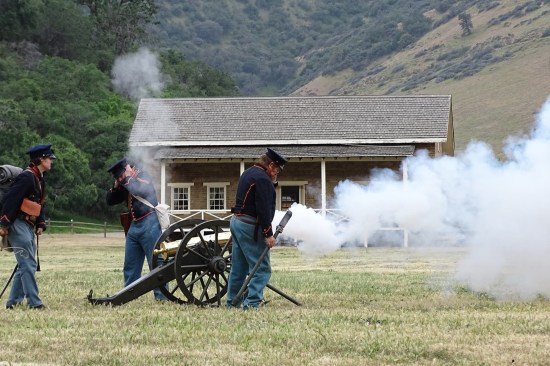 Reenactors fire off a field cannon on the fort’s parade ground. Restoration began on the adobe buildings in 1947 and continues to this day. The original barracks building, the reconstructed officers’ quarters, and various other structures stand as reminders of Fort Tejon’s military history.