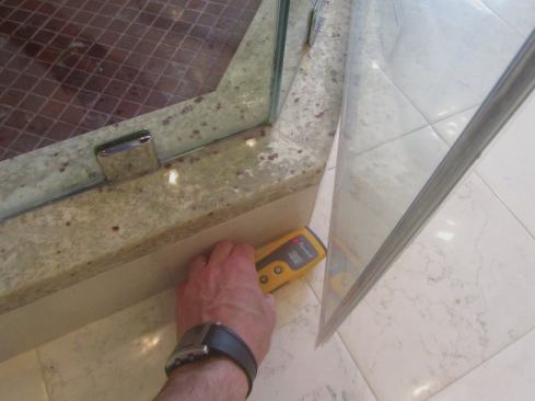 So we investigated a little further using a pinless moisture meter. The floor outside the shower was a bit wet in some spots (4), but there was no visible damage, and the readings were not very high.
