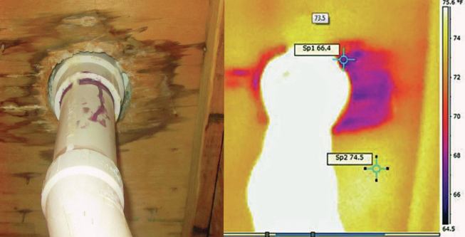 Next, we used an infrared (IR) camera to look at the ceiling, subfloor, and drain. IR cameras are great tools for evaluating moisture damage. You can scan large areas for water, quickly and accurately. We could see that except for very near the drain, most of the area was dry. In the IR image (5), the purple areas show where water evaporating out of the plywood has lowered the temperature of the wood. The warmer areas indicate drier wood.