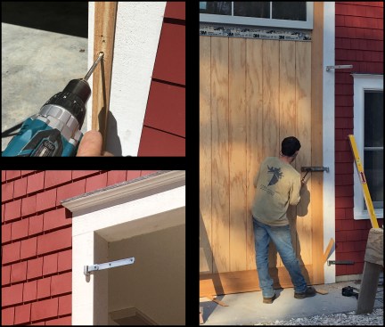 A story pole was used to locate the hinge pintles relative to the blocking centers in the doors (photo, top left). They were screwed into quadruple 2x6-framed jambs, then the strap hinges were hung on each pintle (photo, bottom left). Each door leaf was fastened to the strap hinges with 3/8-inch carriage bolts, hardwood spacer blocks were installed between the hinge and the door to account for the hinge pintles (photo, right).