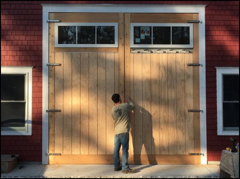 With shims removed, all the clearances were shockingly good. The doors swung smoothly, with a nice hefty feel, and met nearly perfectly at center. Installing the astragals and interior security bolts was left to the author’s competent client (photo, above).