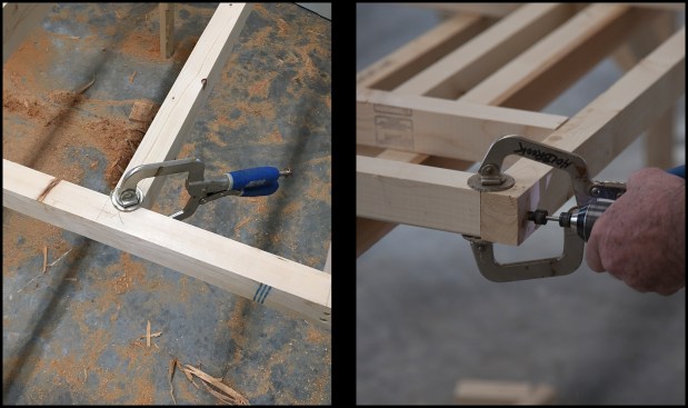 For the inner grid, 2x6 SPF was used and ripped to 2-inch widths (pieces that took a curve after re-sawing were rejected, roughly 10 percent of the stock). Urethane glue and screws were used to assemble the grid, the pieces were glued and clamped flush (photo, left), then pre-drilled and screwed at every joint (photo, right).