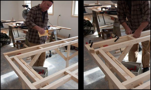 The grid was laid out straight and square, undersized by the thickness of a cedar perimeter trim, which served as a weather edge. The 2-inch-wide western red cedar strips were glued (photo, left), clamped it up and let it cure (photo, right). Fasteners were avoided because the author planned to rip the door edges to a straightedge as needed at final sizing.