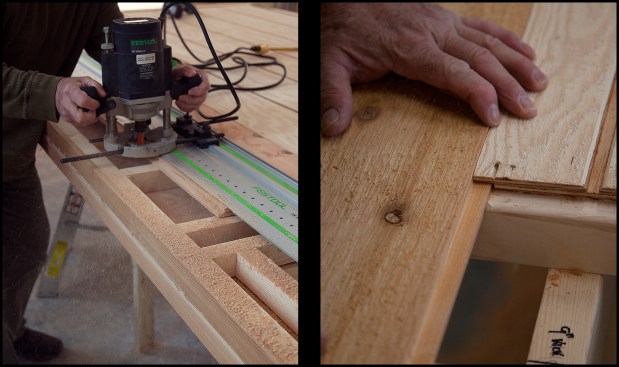 To provide a seal and eliminate the need for continuous backing at the vertical joint between the cedar border trim and the T1-11, a 1/2-inch shiplap was routed in the trim (photo, left) to mate the trim to the T1-11 panels (photo, right).
