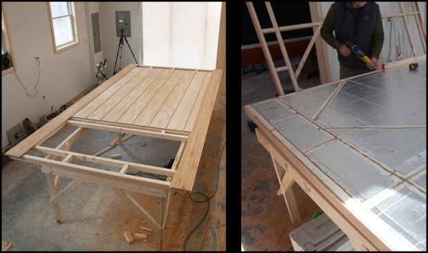 The cedar side trim was glued and screwed in place, the shiplap joints fully glued as well, to seal them (photo, left). After allowing the glue to dry overnight, the door was flipped, then the 2-inch rigid foam was pieced into place. Continuous beads of construction adhesive were applied, ready for the door’s plywood interior “skin” (photo, right).