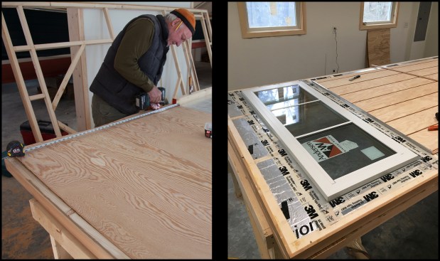 The 3/8-inch AC plywood interior skin — its long edge run across the door width — was set in the Loctite PL premium adhesive and fastened off with stainless trim-head screws (photo, left). The door was flipped over again and the window was installed; the opening was first dressed with sequenced 3M flashing tape that overlaps aluminum flashing used to cap the T1-11. Before trimming the windows, the nailing flanges were covered with another sequenced layer of tape (photo, right). An 1/8-inch-deep relief cut was later routed into trim to allow the trim to lie flat (the trim also overhung the entire door perimeter and was trimmed up with a track saw to ensure final overall straight and square).
