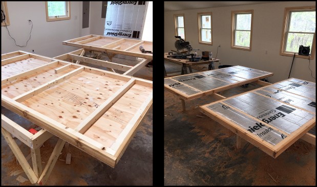 Making the smaller pair of doors followed much the same track, although simpler, without windows or border trim. Blocking was incorporated at the heavy-duty strap hinge locations, three per door (photo, left), while the rigid 2-inch rigid foam was easier to piece into place — the foam was friction fit with a few dabs of adhesive to secure it (photo, right). Finishing up, the final test for all came in the hanging. 