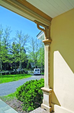 The pilasters, columns, crown molding, trim stock, and brackets were all made from Boral (supplied by Duration). The only non-Boral material used was the beadboard ceiling.