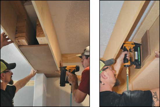 … the crew added stacks of blocking (above left) as they continued to build out the false beam. MDF cleats were tacked and brad-nailed to reinforce the spliced butt joints (above right).