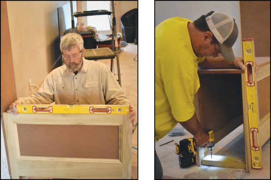 Then he assembled four frame-and-panel sections with pocket screws for the short walls (above left). After PT plates (above right) …