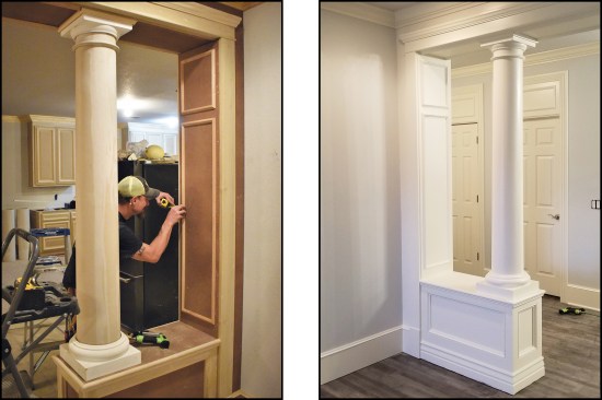 Panel molding was also used to create the simple frame-and-panel detail on the pilasters (above left). The painted assembly (above right).