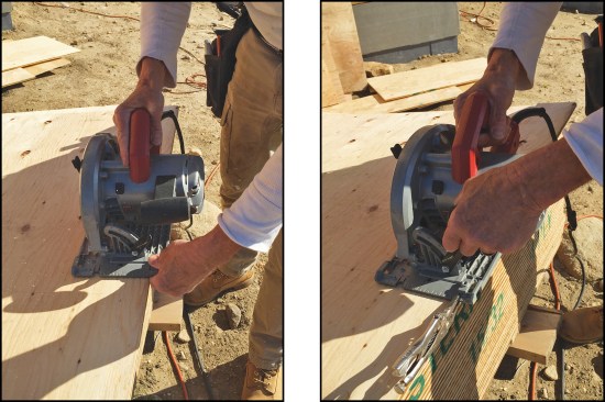 When making narrow rips, clamp your fingers on the front of the base after starting the cut to help guide the saw (above left). Alternatively, you can do it visually using the scale or notches on the front of the table. For repetitive narrow rips, clamp locking pliers to the table to help guide the saw (above right).