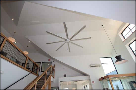 A 12-foot-diameter ceiling fan eliminates any temperature stratification in the large volume entry lobby.