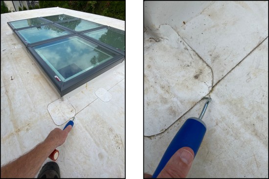 The recently installed 16-by-29-foot kitchen addition roof featured a ganged skylight unit (left). Using a seam probe, the author found multiple voids along the TPO's welded seams and patches (right). Required sealant along cut edges of TPO had been omitted.