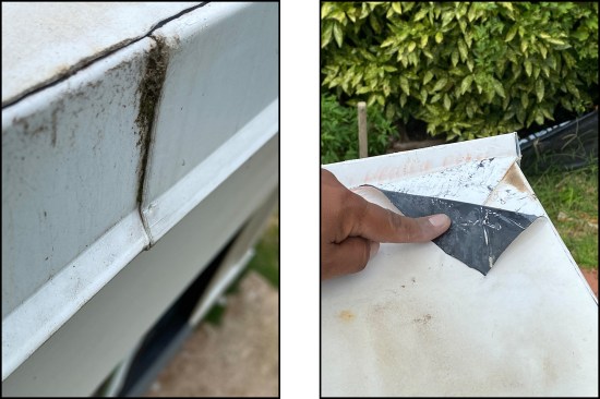 Dirt and moss built up at drip-edge seams, indicating water intrusion (left). The TPO membrane had been glued to the edge metal rather than heat-welded, as shown here at the juncture between the gravel stop (“rake”) edge and drainage edge metal (right).