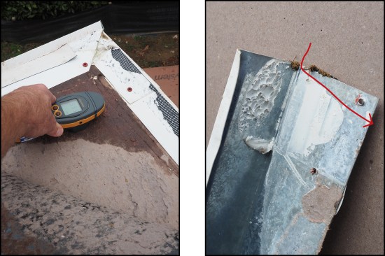 … it was discovered that the drip edge and gravel stop edge metal had been installed on top of the protection board. The manufacturer’s rigorous flashing detailing had not been followed, resulting in leaks where metal flashing overlapped (left). A “leak path” (red); had occurred from the outside corner back to the substrate; water had bypassed sealant at overlapped pieces of drip edge (right).