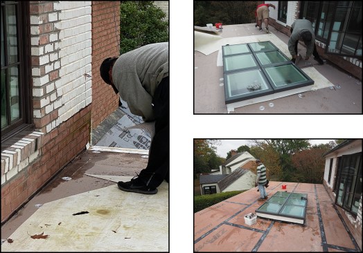 In addition to the leaky edges, application of the roof-to-wall (left) and skylight curb flashing had been subpar (top right). It was deemed preferable to remove the roof down to the decking rather than repair its many deficiencies; here, a leaf blower is used to help dry the roof deck (bottom right).
