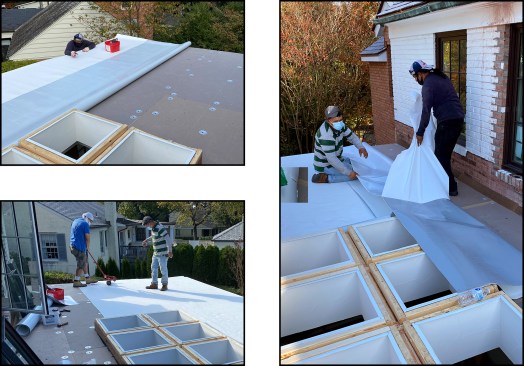 After the new protection board was installed, the TPO membrane was dry fit to the roof (top left), then rolled with a heavy roller to set the membrane’s adhesive to the mechanically-fastened protection board (bottom left). The Firestone UltraPly TPO membrane comes with an adhesive backing; here, the release paper was removed from the TPO sheet in preparation for adhering it to the roof (right).