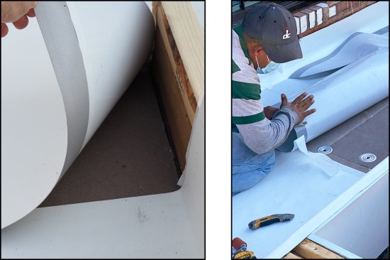 Factory overlaps come without adhesive, ready for heat welding (left). At cut edges, the adhesive was removed by hand to make a clean area for heat welding (right).