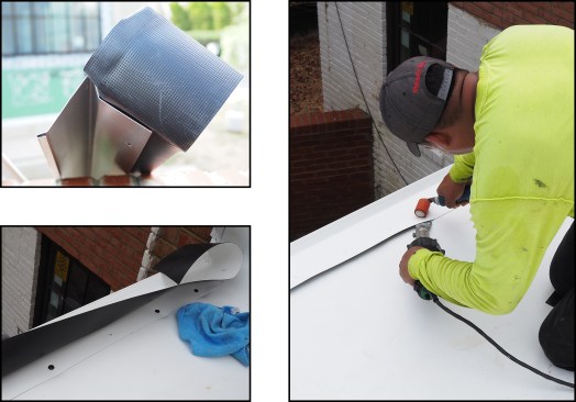 The author’s roofing sub uses edge metal that comes with a strip of TPO heat welded to it (top left). The TPO is flipped up to allow fastening of the edge metal (bottom left), then it’s heat welded down onto the membrane (right).