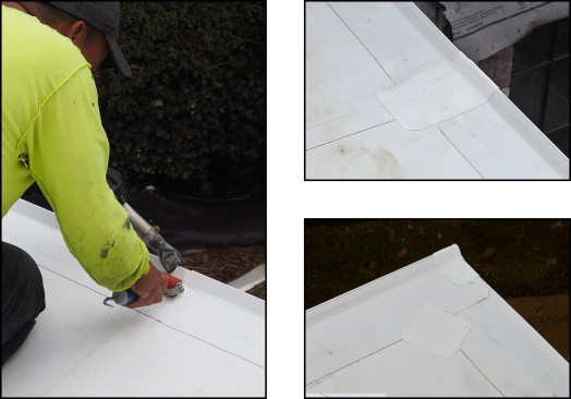 Along the gravel stop edge, the upslope strip of TPO is lapped 2 to 3 inches over the downslope strip (left). The seam between lengths of “TPO metal” edge is patched with TPO membrane (right, top and bottom), and the cut edges are later sealed with sealant.