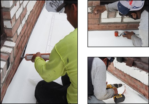 At the roof-to-wall juncture, the TPO membrane was run up the wall 8 inches. Waterblock sealant was applied (left) and rolled for adhesion (top right). A termination bar was then installed and secured with drive pin anchors set in drilled-out holes in the existing brick wall (bottom right). Copper counterflashing saw-cut into the solid masonry wall was later installed.