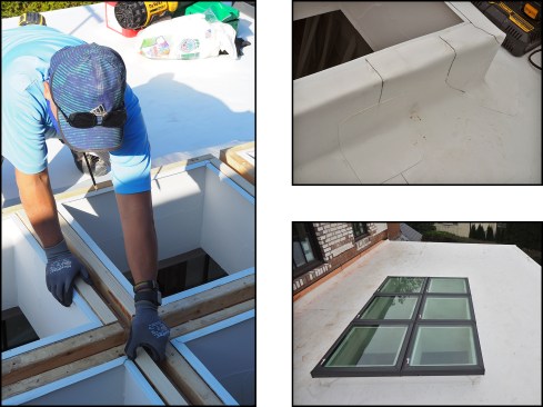 The existing skylight curbs were shimmed as needed for proper sealing (left). The ganged units were installed too close to each other, which made refastening to the existing curbs difficult. The TPO membrane was run up and over the existing curbs, the seams were flashed with TPO patches per the manufacturer’s detailing, and the cut edges were sealed with an approved sealant (top right). The finished reroof (bottom right).