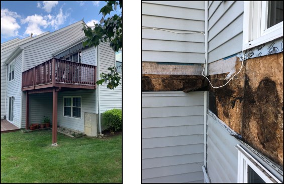 While the existing deck displayed no outward signs of instability (left), the ledgers had not been properly flashed and the underlying OSB sheathing was revealed to be water damaged upon removal (right).
