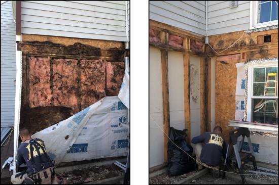 The end-wall sheathing was severely deteriorated (left), and removing the water-damaged materials revealed that the floor framing had been installed without rim boards; a square hole (top right in photo) was cut into the outboard I-joist to verify floor framing direction (right).