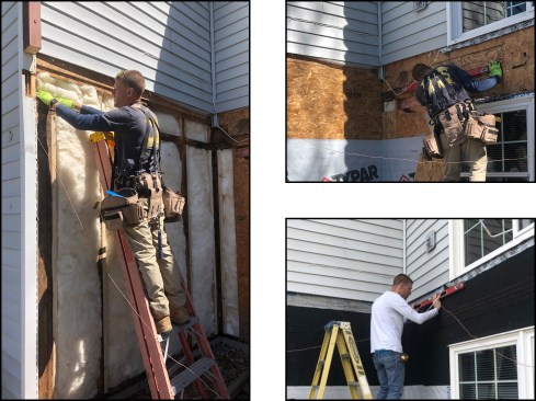 After applying a mold-inhibitor onto the affected areas and sistering a few new studs onto the studwall, the exposed stud bays were left open overnight and into the next day. The walls were then re-insulated (left) and resheathed. Limited fastening points into existing framing for the new ledgers were mapped out (top right), and transferred to onto peel-and-stick membrane in the ledger area (bottom right)—the new deck was free-standing, but the author wanted to achieve as much fastening purchase as possible. The new peel-and-stick membrane was run 6 inches above the new deck elevation and behind the WRB.