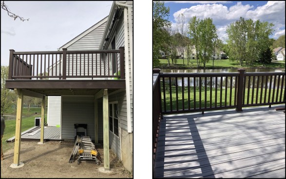 The free-standing deck is supported by a pair of double PT 2x12 drop beams and four 6x6 posts (left). While the condo association approved the new Trex composite decking, the posts and railings needed to be dark brown to match the original deck (right).