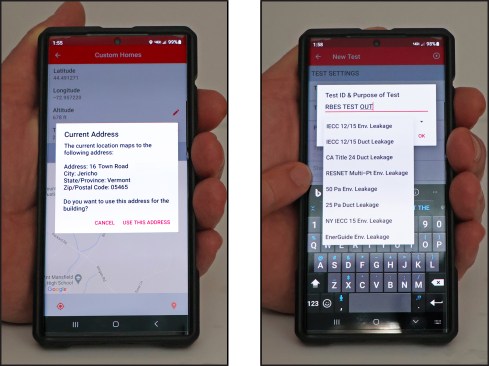 It then sends you through a series of prompts: determine location (which locates the home via Google Maps GPS) (left); the year the building was built; the customer’s name, address, phone, and email, along with the project ID name. You then create a test. TEC’s Auto Test offers eight different tests (right). The author uses the RESNET multi-point test, which collects the airflow data at five different pressure points, starting with 60 pascals and going down to 48, 35, 23, and 10 pascals. Multi-point testing is more accurate for predicting building leakage at lower pressures, which are more common during normal operating conditions of a home.