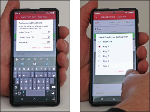 Indoor and outdoor temperatures need to be manually entered, while the home’s altitude auto-fills from the GPS (left). To start a baseline test, the ring size needs to be selected (right).