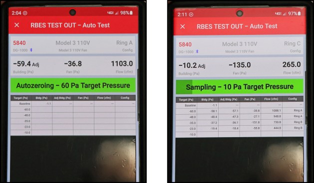 The program will also prompt the user to change the ring size as necessary while collecting airflow data from 60 pascals (left) down to 10 pascals. A chart infills with data as the test progresses (right).