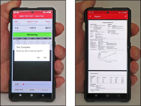 After autozeroing the 10-pascal target pressure, the test and completed and a pop-up window asks if you would like to review the report (left). Selecting, “yes”, a professional-looking report appears instantly with all your data (right).