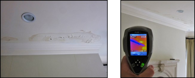 Water damage on a ceiling above a second-floor fireplace (left). Infrared imaging confirms that the area is wet after rainstorms (right).