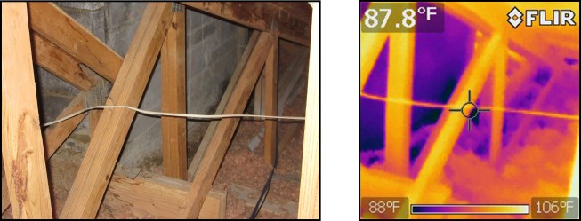 In the attic above the damage (left), IR imaging shows wet chimney block (right).