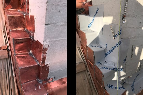 The large pieces are tacked in place with masonry anchors, and the edges sealed with polyurethane caulk (left). Textroflash peel-and-stick through-flashing is applied to the cured cement-based waterproofing on the chimney core and lapped onto the copper step flashing (right).